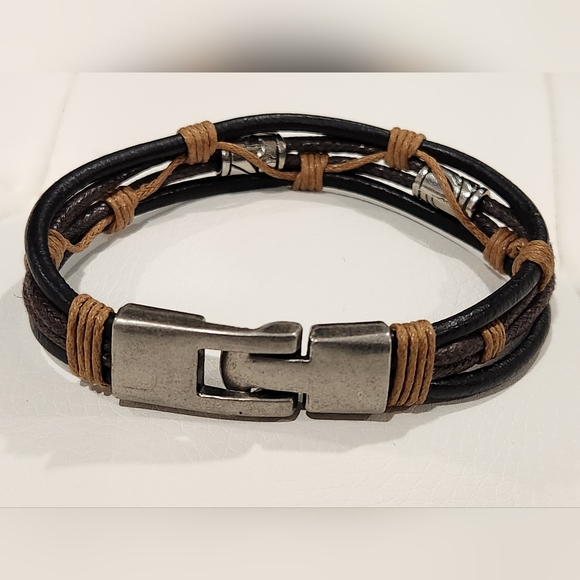 Vintage Leather Wrist Cuff Bangle, Black-brown Leather Bracelet - Picture 6 of 6